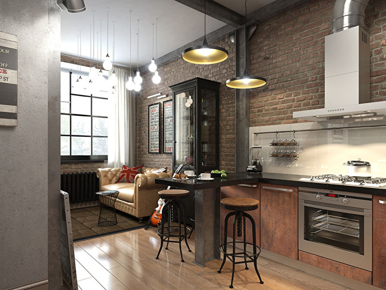 Design of a kitchen-living room in the loft style - photo