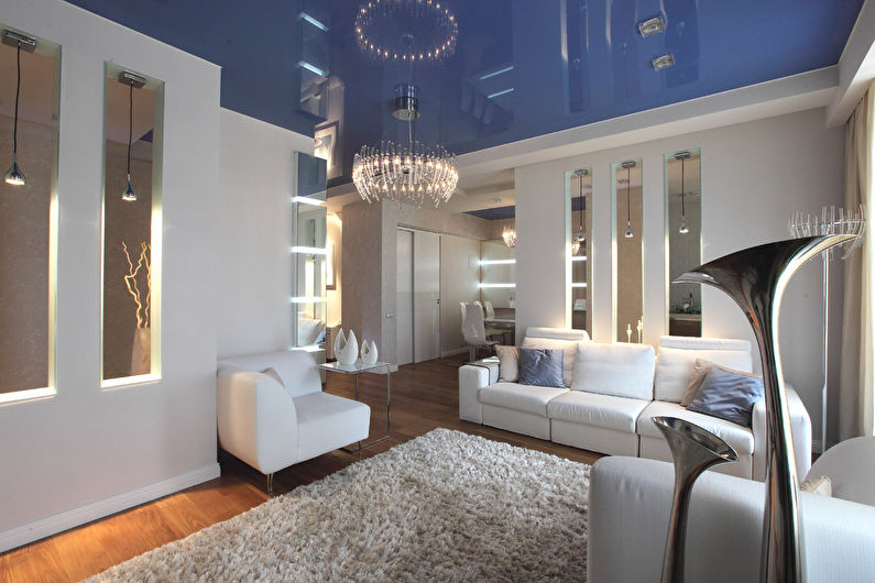 Blue stretch ceiling in the hall (living room) - photo