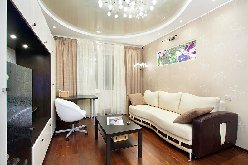 Beige stretch ceiling in the hall (living room) - photo
