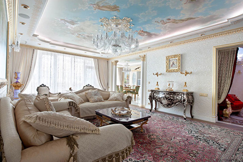 Stretch ceiling with photo printing in the hall (living room) - photo