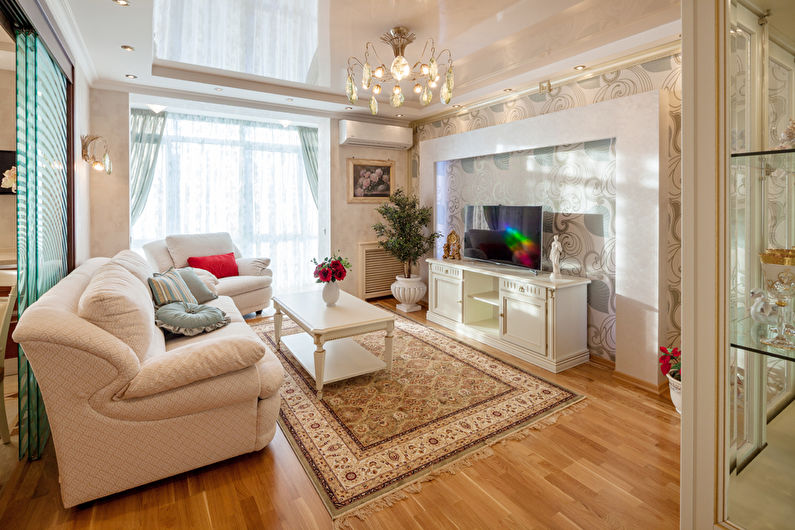 Two-level suspended ceiling in the hall (living room) - photo