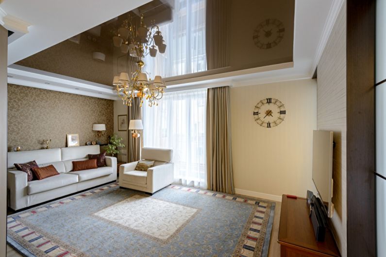 Brown stretch ceiling in the hall (living room) - photo