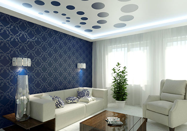 White stretch ceiling in the hall (living room) - photo printing