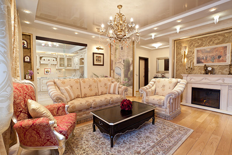 Beige glossy stretch ceiling in the hall (living room) - photo