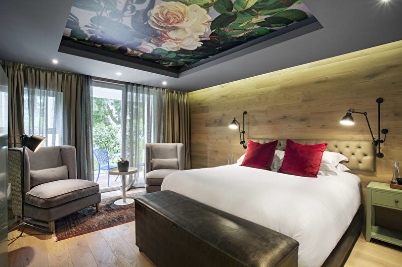 Stretch ceiling with photo printing in the bedroom - Flowers
