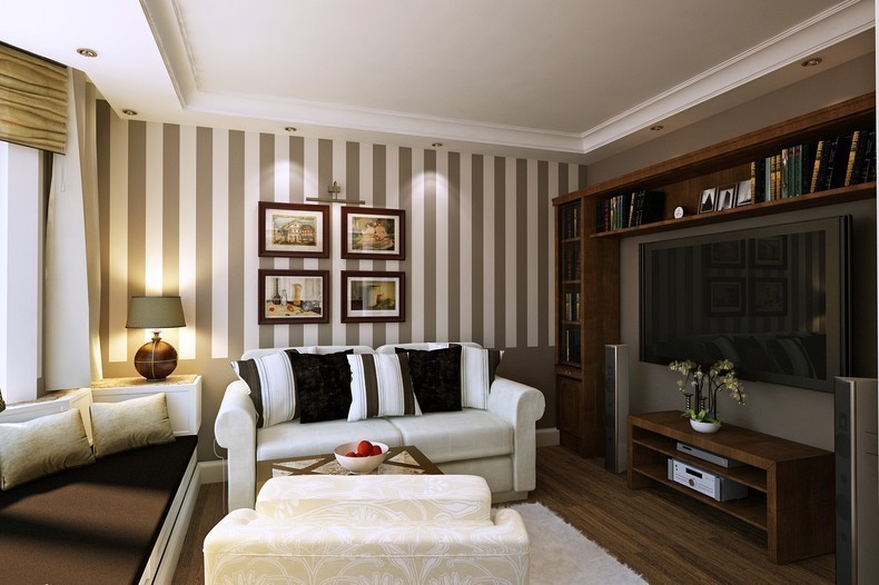 Striped wallpaper in the interior of the living room