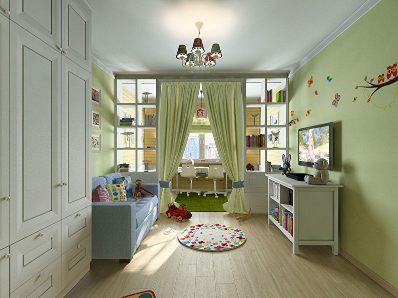 Interior of a children's room for a boy and a girl, 20 m2