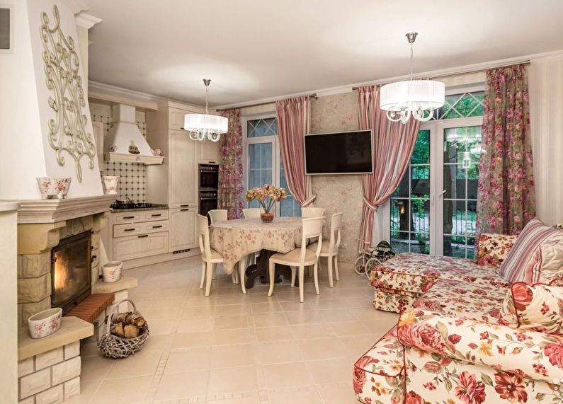 Provence style kitchen-living room design