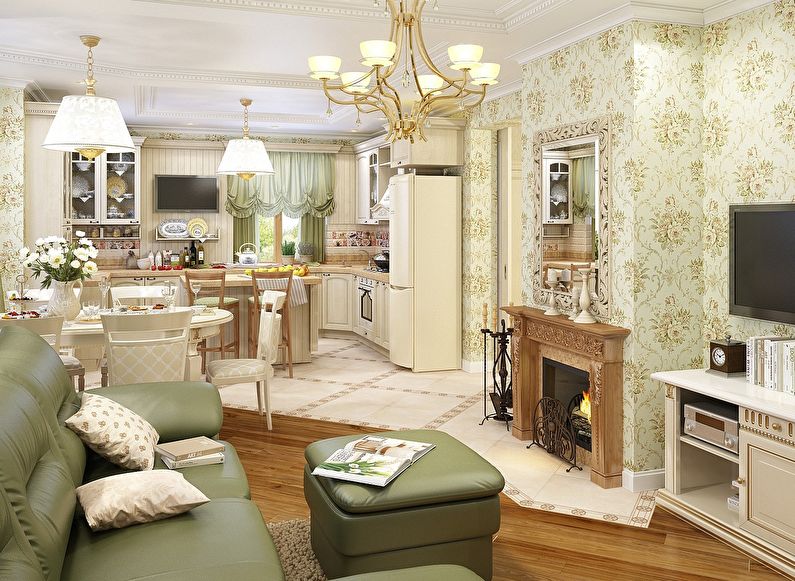 Provence style kitchen-living room design