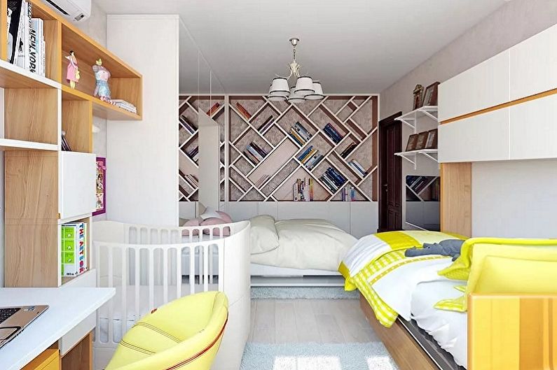 Interior design of a bedroom and a nursery in one room - photo