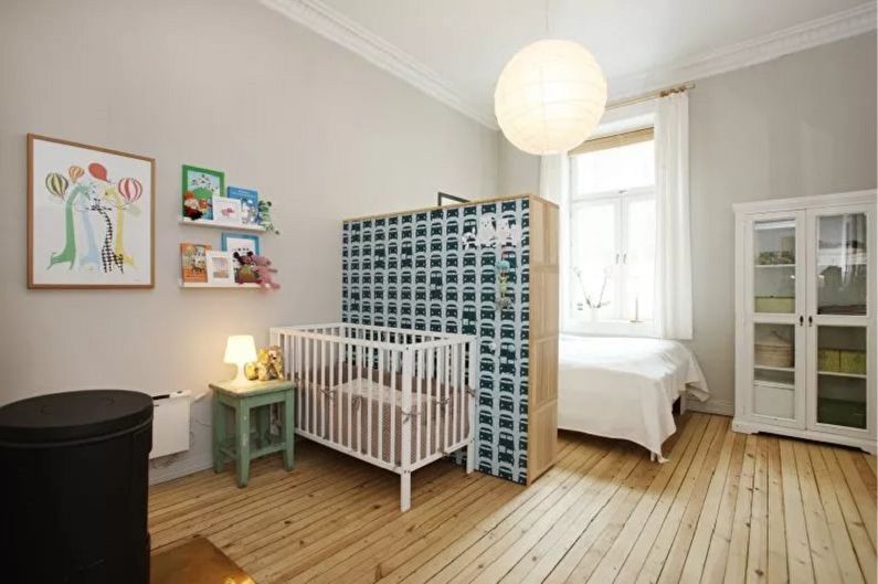 Interior design of a bedroom and a nursery in one room - photo