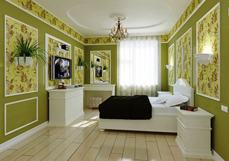 Combination of wallpaper in the bedroom - Wall panels and niches