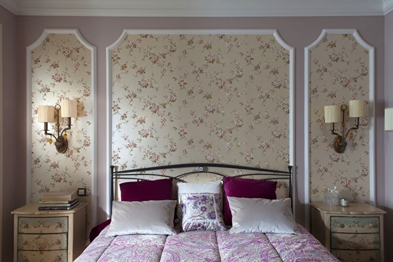 Combination of wallpaper in the bedroom - Wall panels and niches