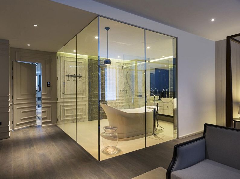 Glass partitions in the interior of the bathroom