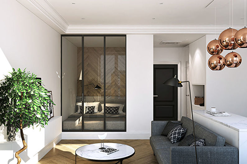 Glass partitions in the interior of the living room