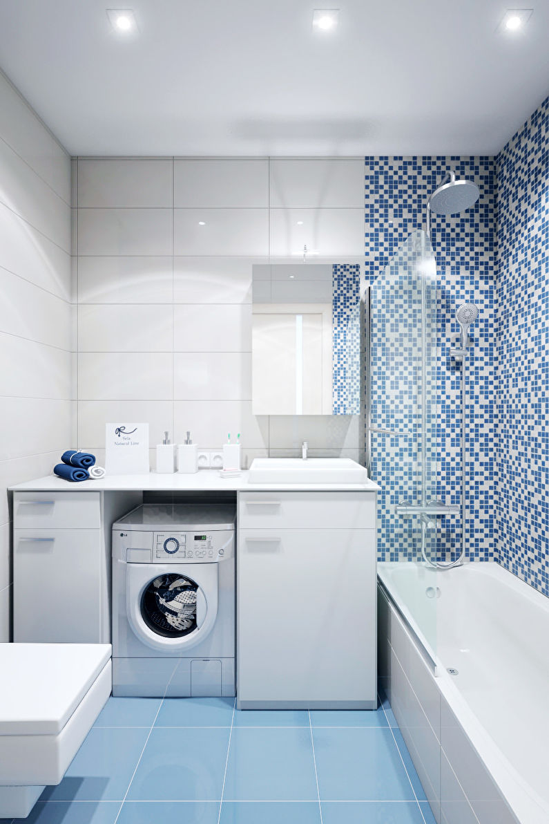 Design of a blue bathroom in Khrushchev