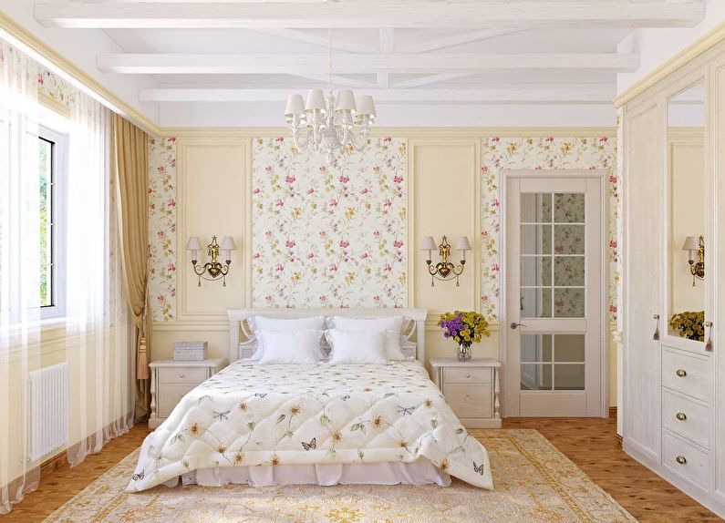 The combination of colors in the interior of the bedroom - white with beige and pink