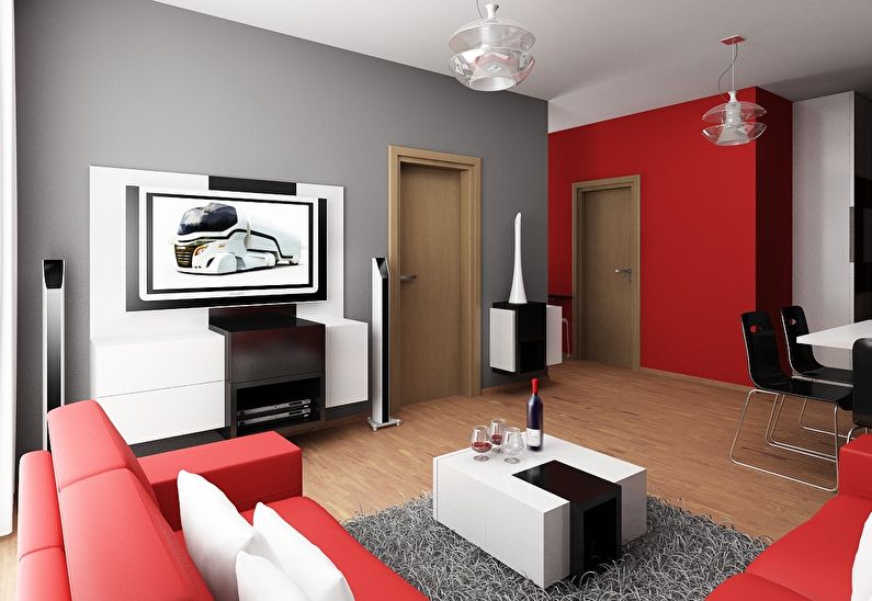 The combination of colors in the interior of the living room - gray with red
