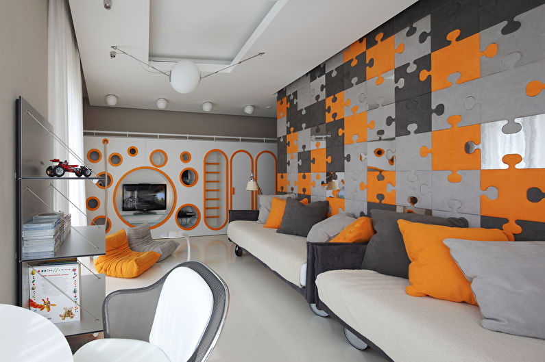 The combination of colors in the interior of a child's room - gray with orange