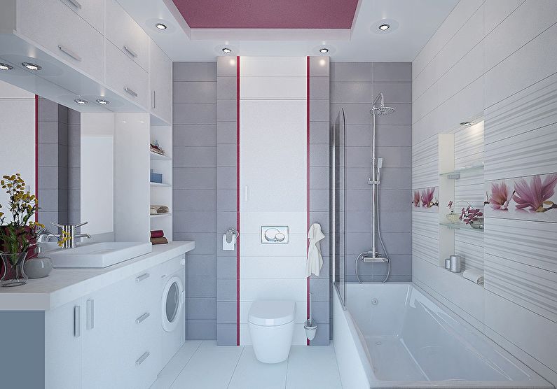 The combination of colors in the interior of the bathroom - gray with white and pink
