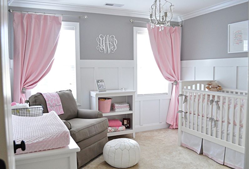 The combination of colors in the interior of the children's room - gray with pink and white