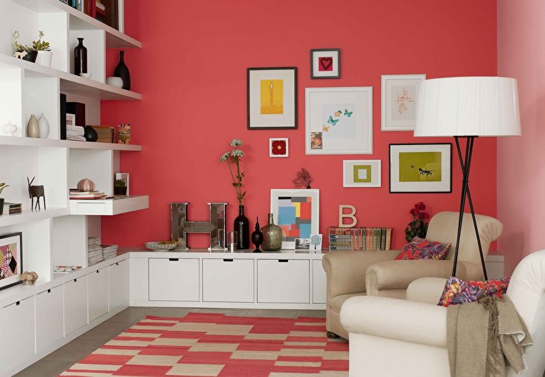 The combination of colors in the interior of the living room - red with white