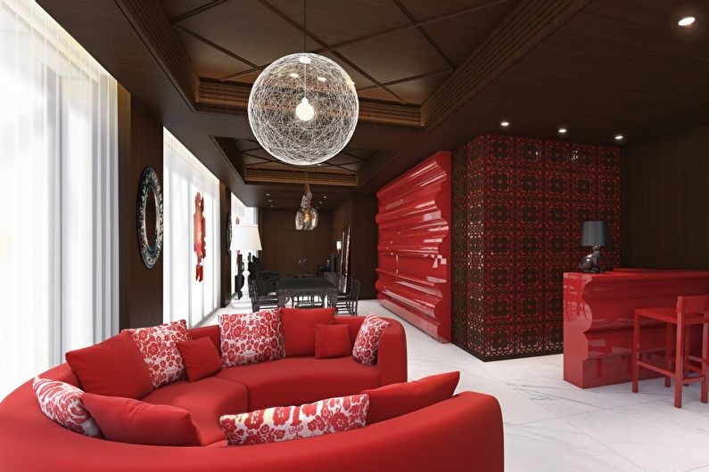 The combination of colors in the interior of the living room - red with brown and white
