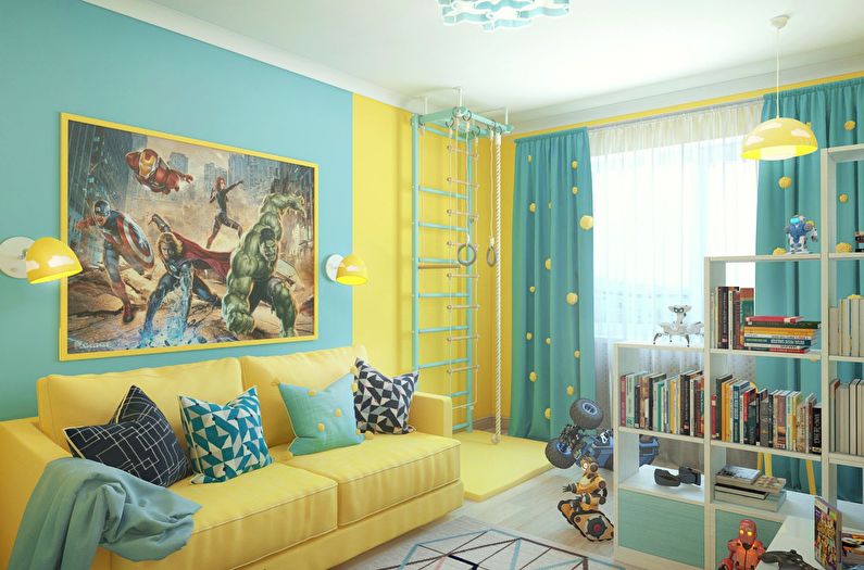 The combination of colors in the interior of the children's room - yellow with turquoise