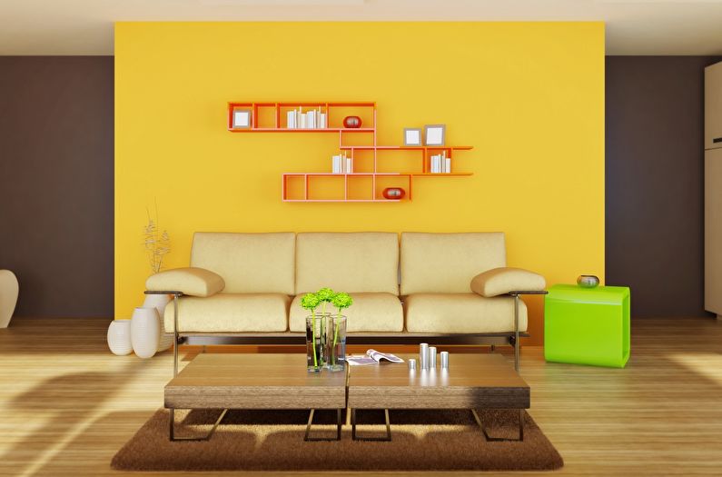 The combination of colors in the interior of the living room - yellow with brown