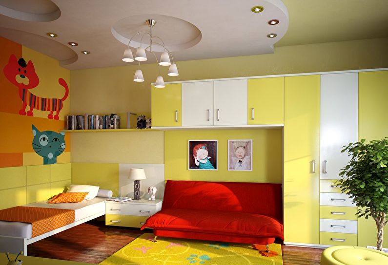 The combination of colors in the interior of the children's room - yellow with red and orange