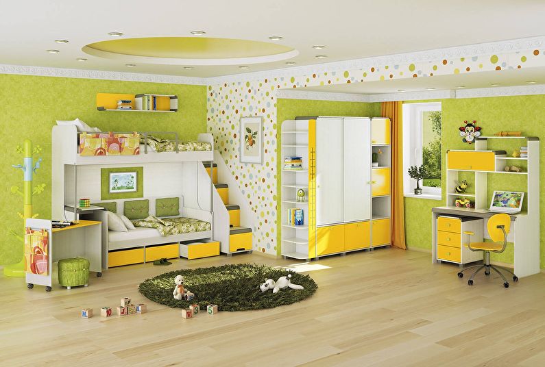 The combination of colors in the interior of the children's room - green with yellow and white