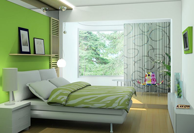 The combination of colors in the interior of the bedroom - green with white
