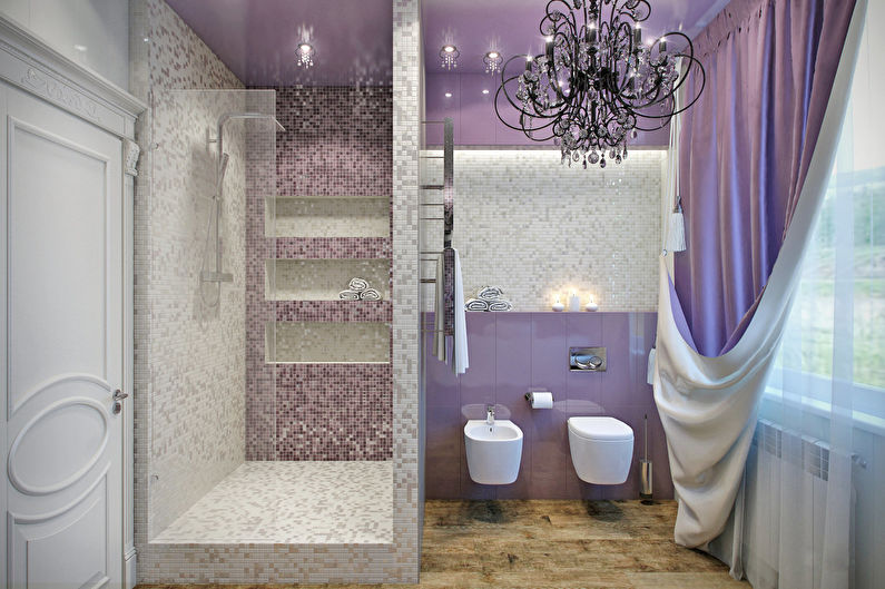The combination of colors in the interior of the bathroom - purple with beige and white