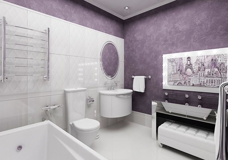 The combination of colors in the interior of the bathroom - purple with white