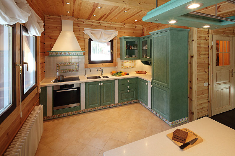 Kitchen design in a wooden house