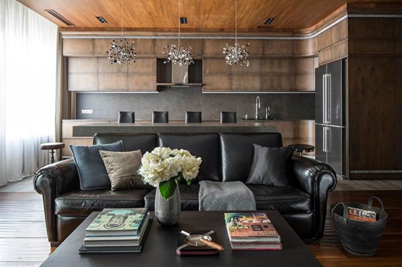 Beautiful kitchen photo - Kitchen-living room with wooden texture