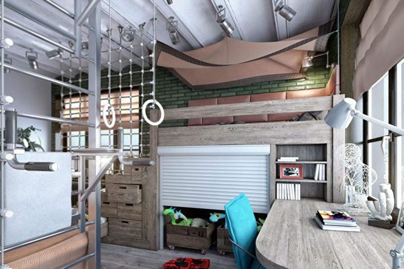 Aménagement intérieur d'une chambre d'enfant dans le style loft - photo