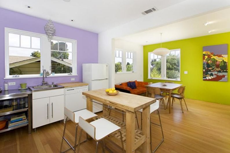 Design of the kitchen-dining room - Zoning with a bright wall