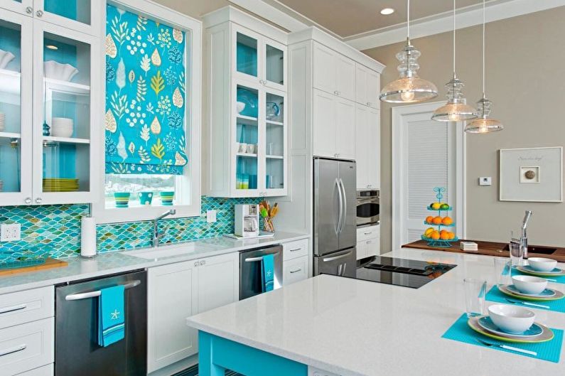 Interior design of a kitchen in turquoise tones - photo