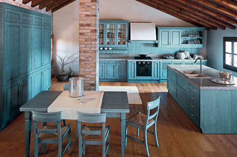 Interior design of a kitchen in turquoise tones - photo