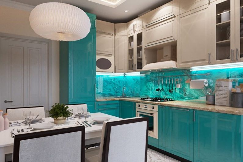 Interior design of a kitchen in turquoise tones - photo