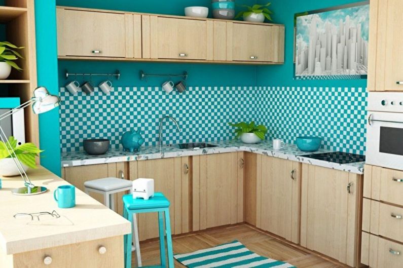 Interior design of a kitchen in turquoise tones - photo