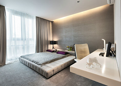 The interior of the bedroom in the style of minimalism, 19 sq.m.