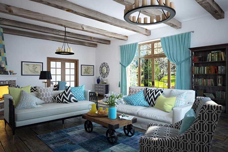 Living room in a country house in ethnic style - Interior Design