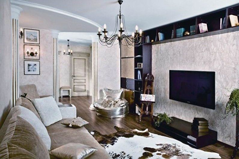 Combination of wallpaper in the living room - Panels and TV niches