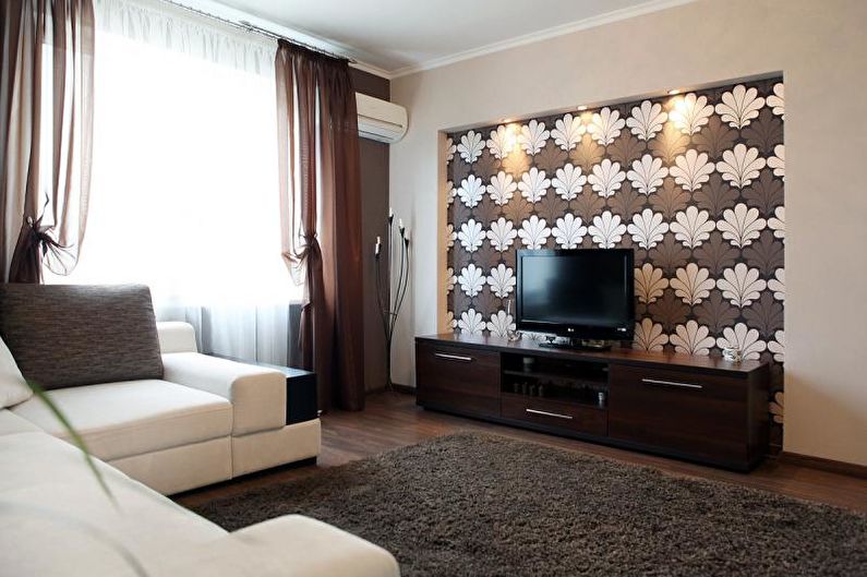 Combination of wallpaper in the living room - Panels and TV niches