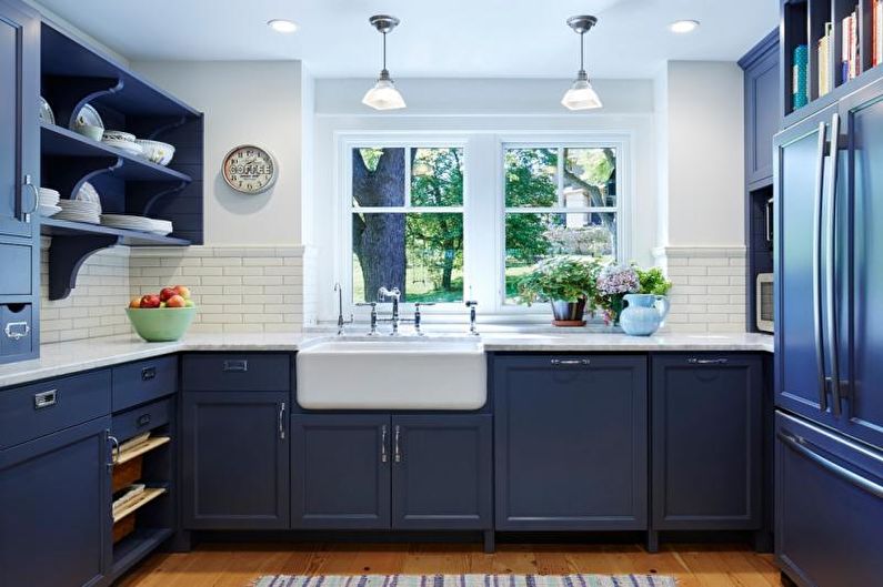 Kitchen interior design in blue tones - photo