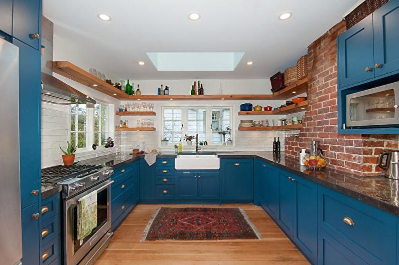 Kitchen interior design in blue tones - photo