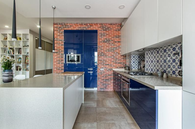Kitchen interior design in blue tones - photo