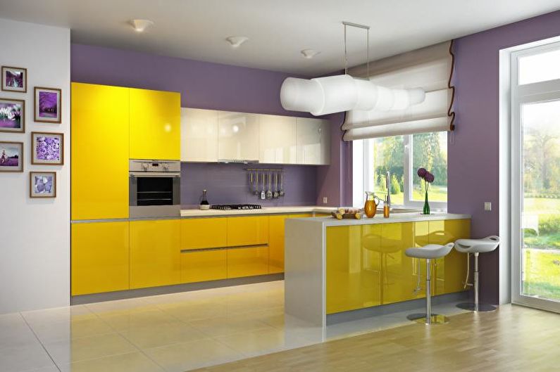 Kitchen interior design in yellow - photo